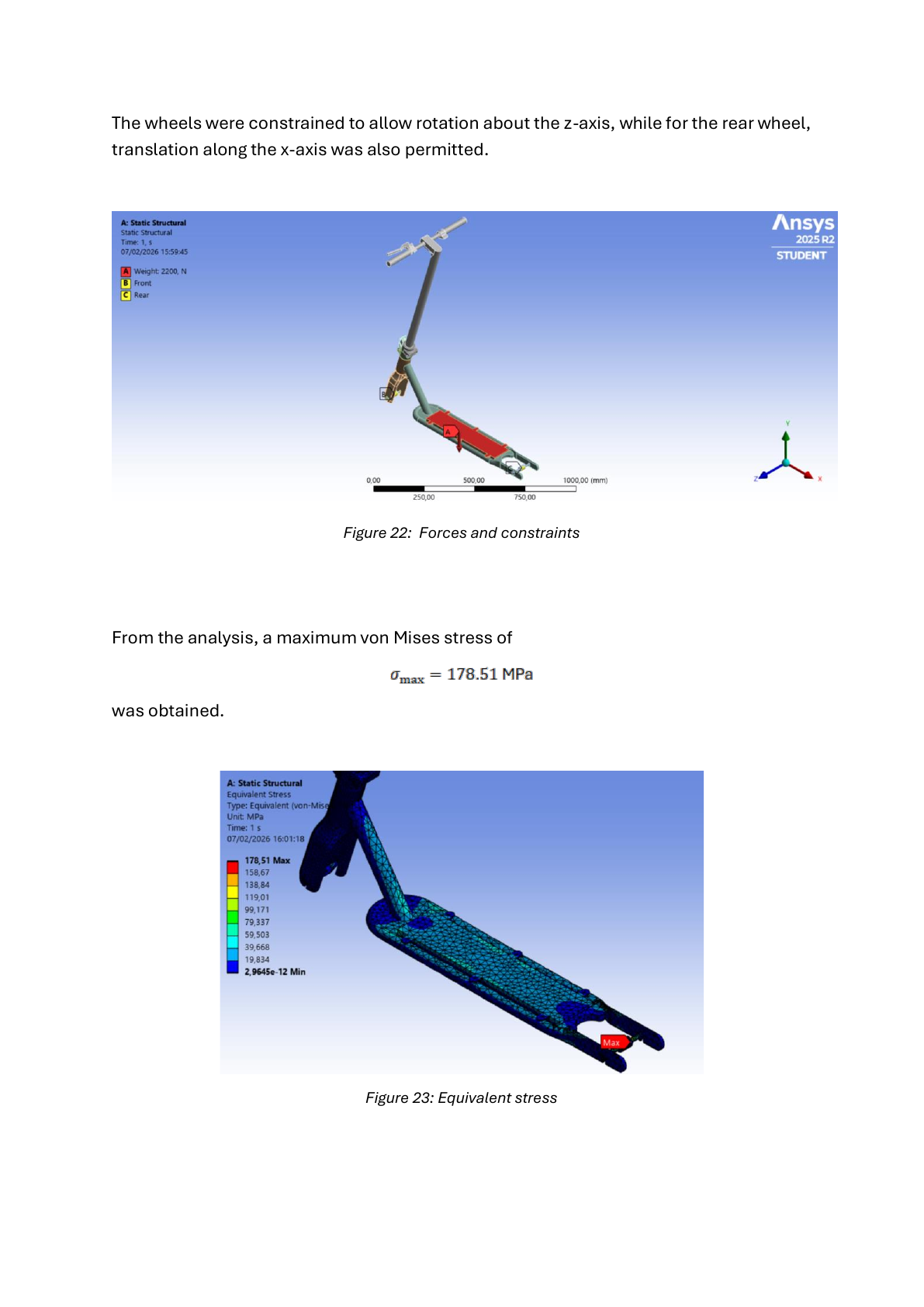 Static structural model, constraints and equivalent-stress result.